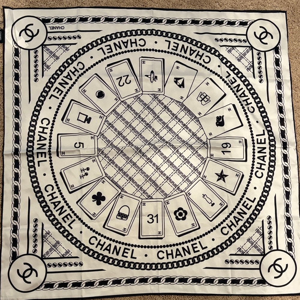 CHANEL Black and White Playing Card Motif Silk Scarf
